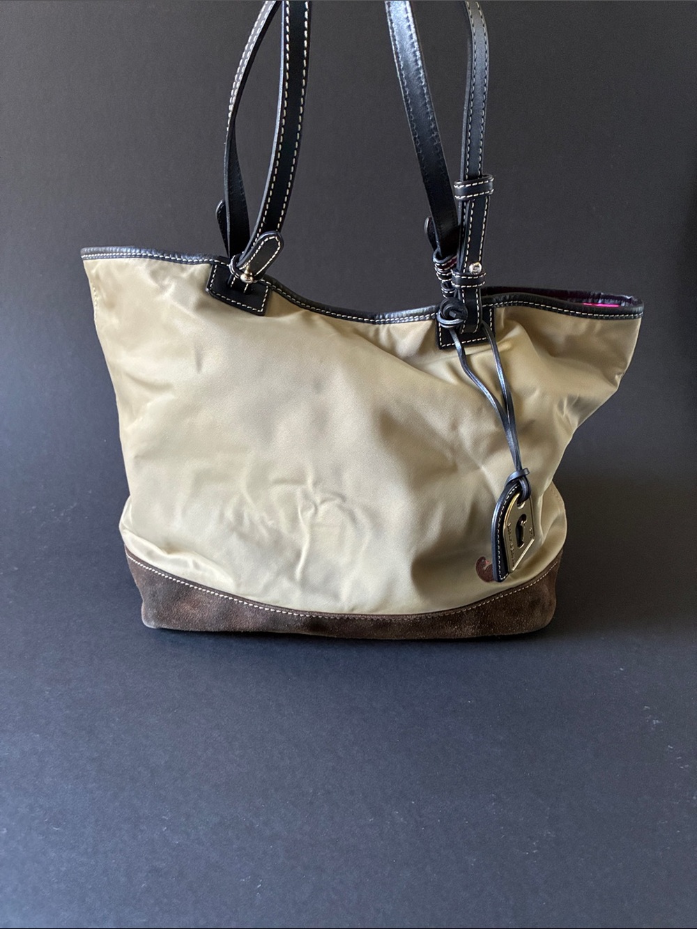 Dooney and Bourke Canvas and Suede Tote Bag in Beige and Brown